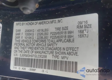 2016 Honda Cr-V Touring from USA, damaged, VIN 5J6RM3H97GL030258